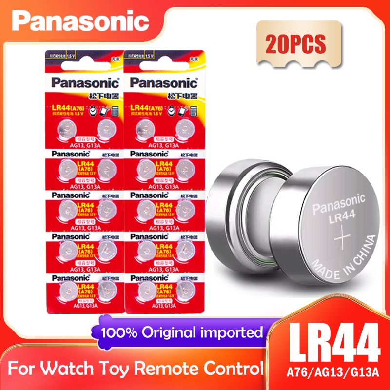 20PCS Panasonic LR44 LR 44 A76 AG13 1.5V Button Cell G13A LR44 LR1154 SR1154 357A SR44 SR44SW SR44W GP76 Toy Watch Clock Battery