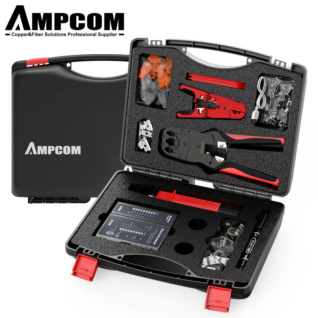 Network Tool Kit, AMPCOM 12 in 1 Professional Portable Ethernet Computer Maintenance LAN Cable Tester Crimper Cutter Repair Set