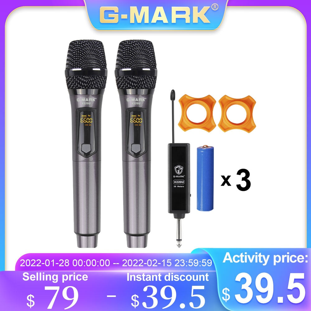 G-MARK X220U Wireless Rechargeable Microphone Recording Karaoke UHF 2 Channels Handheld Mic For Party Home Meeting Church School