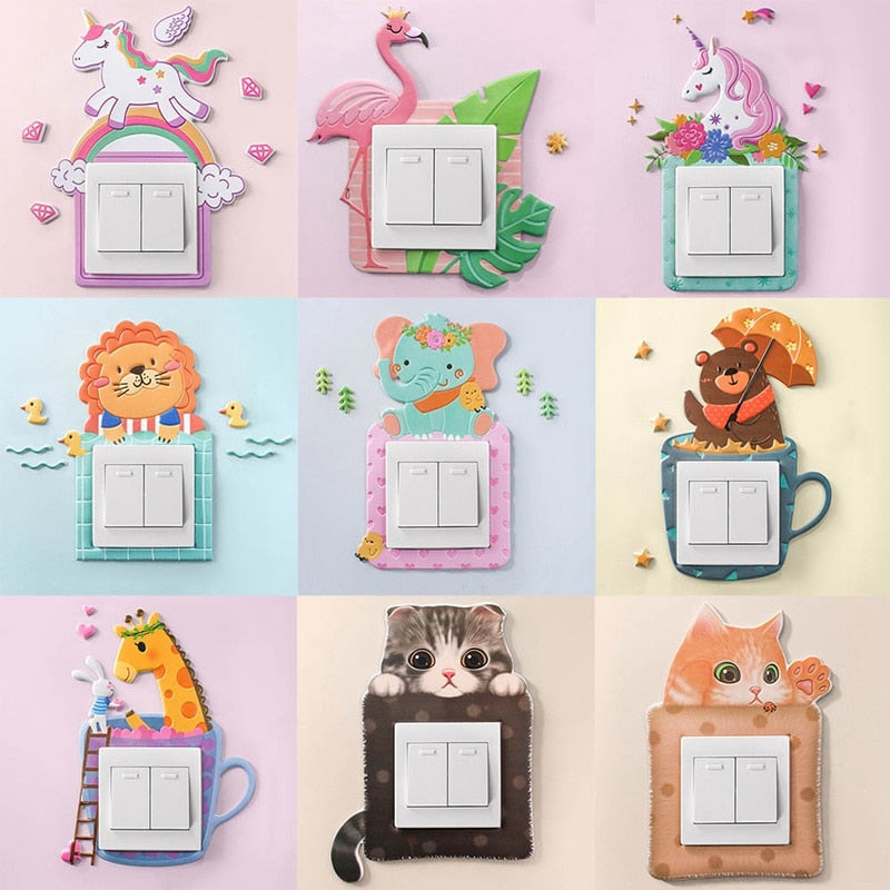 Cartoon Animal Unicorn Flamingo Switch cover Room Decor 3D Silicone On-off Switch Sticker Luminous Switch Outlet Wall Sticker