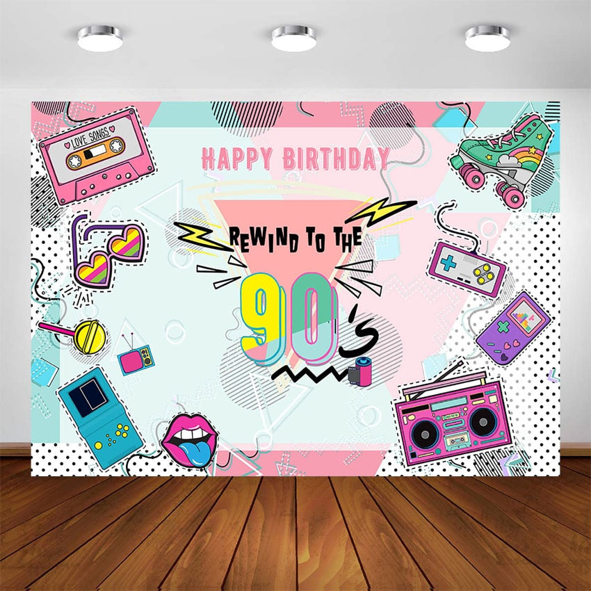 Hip Hop 90‘s Birthday Party Decoration Backdrop Rewind To The 90s Party Banner Photo Booth Background Photo Studio Supplies