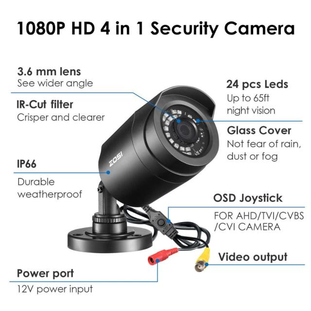 ZOSI 1080P TVI AHD CCTV Waterproof Video Surveillance House Camera Analog Nightvision Support TVI Hybrid DVR BNC Connection