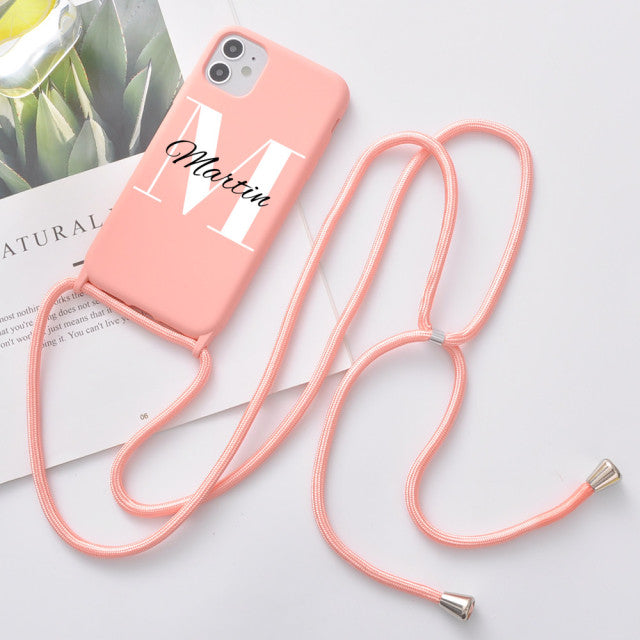 Custom Name for iPhone 11 7 8 Plus X XR XS 10 Case Soft Silicone Phone Case With Strap Rope 12 Pro Max Cover SE 2020 Funda DIY