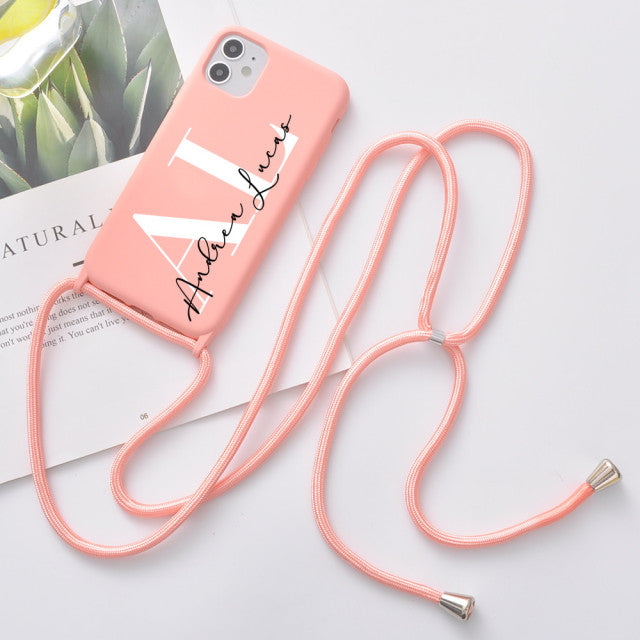 Custom Name for iPhone 11 7 8 Plus X XR XS 10 Case Soft Silicone Phone Case With Strap Rope 12 Pro Max Cover SE 2020 Funda DIY