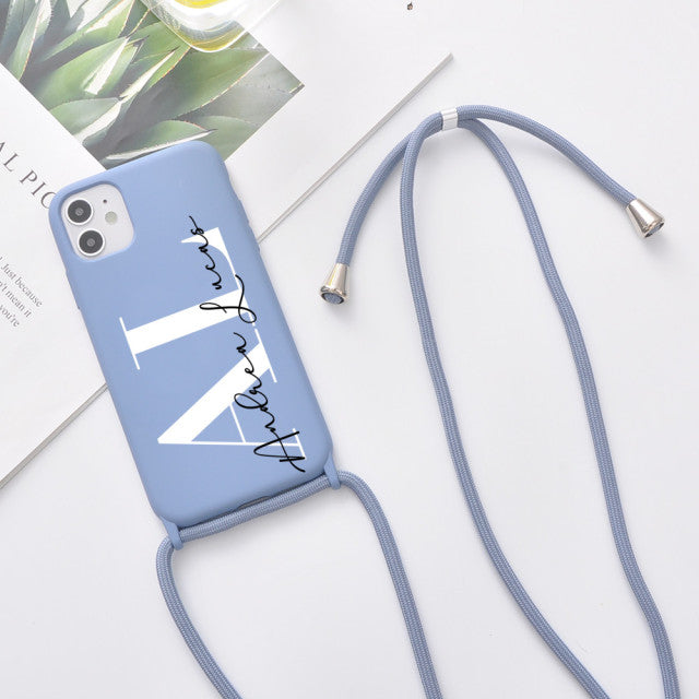 Custom Name for iPhone 11 7 8 Plus X XR XS 10 Case Soft Silicone Phone Case With Strap Rope 12 Pro Max Cover SE 2020 Funda DIY