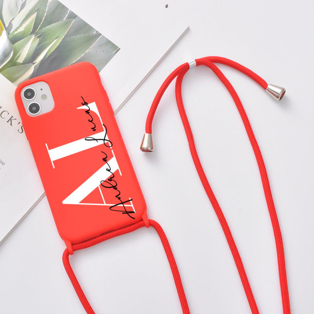 Custom Name for iPhone 11 7 8 Plus X XR XS 10 Case Soft Silicone Phone Case With Strap Rope 12 Pro Max Cover SE 2020 Funda DIY