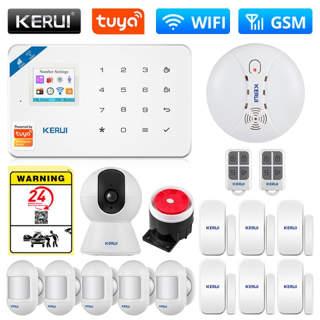 KERUI Tuya Smart WIFI GSM Security Alarm System Works With Alexa Home Burglar Motion Detector Smoke Door Window Sensor IP Camera