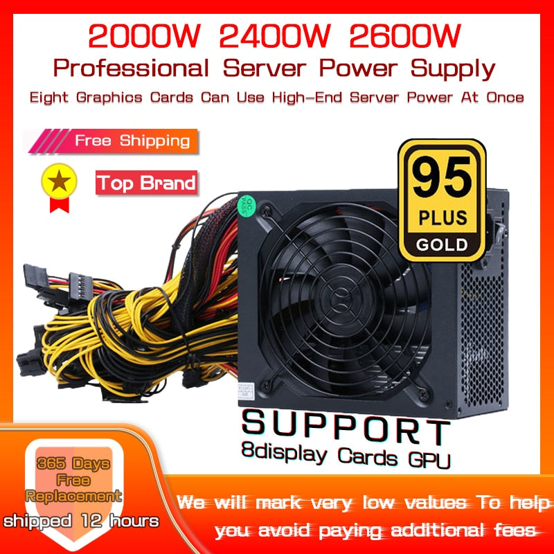 2000W 2400W 2600W 180V-260V ATX Power Supply 95% Efficiency Support 8 Display Cards GPU