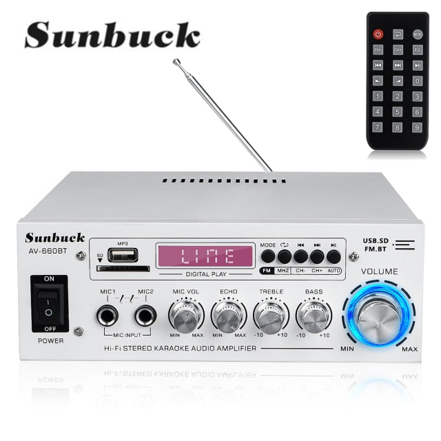 SUNBUCK AV power amplifier 2.0 Channel Audio Home Theater Amplifiers DC 12V 110V/220V Support EQ FM SD USB 2 Mic 5.0 bluetooth