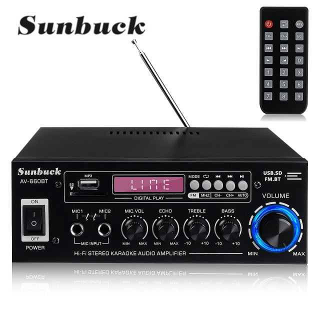 SUNBUCK AV power amplifier 2.0 Channel Audio Home Theater Amplifiers DC 12V 110V/220V Support EQ FM SD USB 2 Mic 5.0 bluetooth