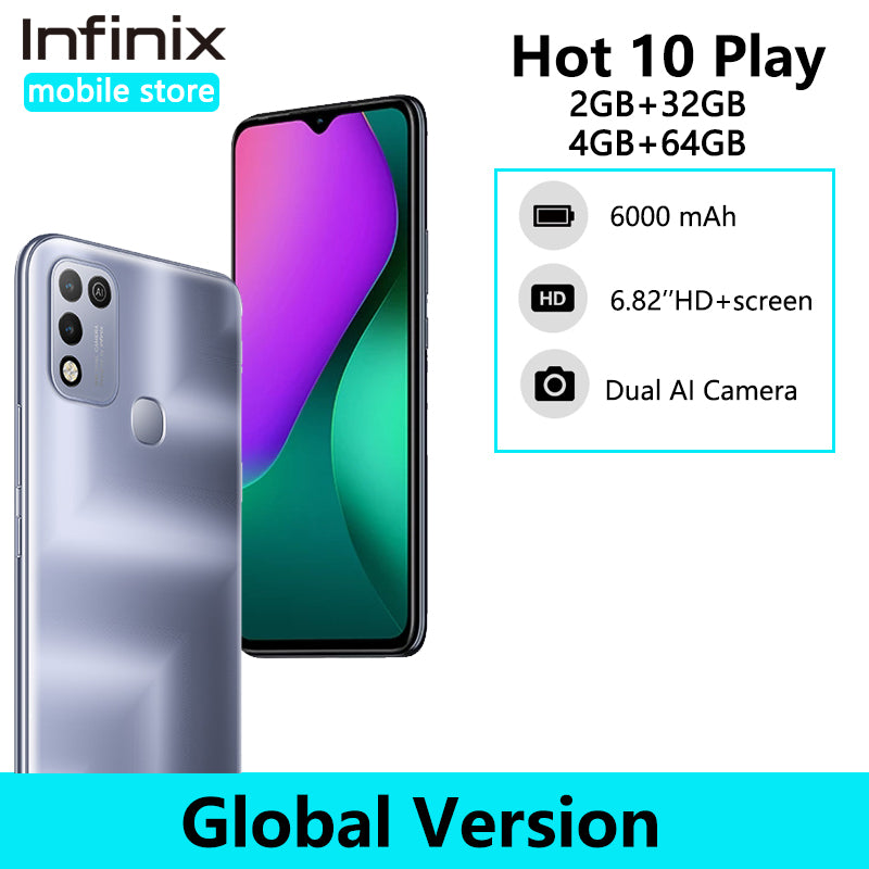 Global Version Infinix HOT 10 PLAY 2GB+32GB 4GB+64GB smart phone 6.82&#39;&#39; HD+ Display 6000mAh Helio G35 13MP AI Triple Camera