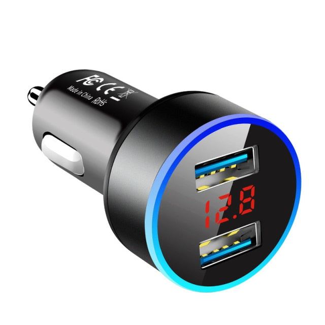 Car Charger For Cigarette Lighter Smart Phone USB Adapter Mobile Phone Charger Dual USB Digital Display Voltmeter Fast Charging