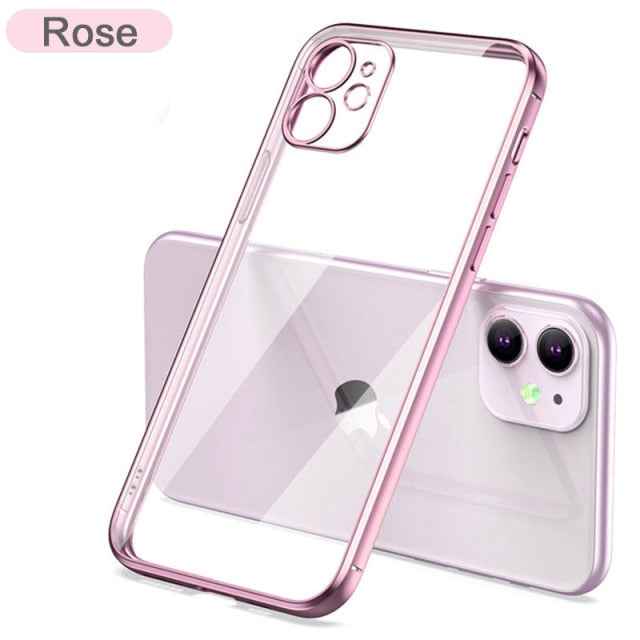 Luxury Plating Square Frame Silicone Transparent Case on For iPhone 11 12 13 Pro Max Mini X XR 7 8 Plus SE 2020 Clear Back Cover