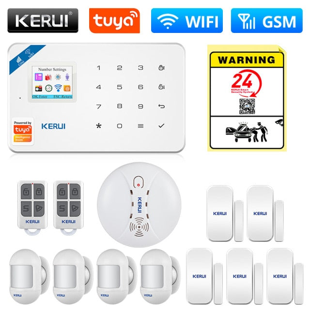 KERUI Tuya Smart WIFI GSM Security Alarm System Works With Alexa Home Burglar Motion Detector Smoke Door Window Sensor IP Camera