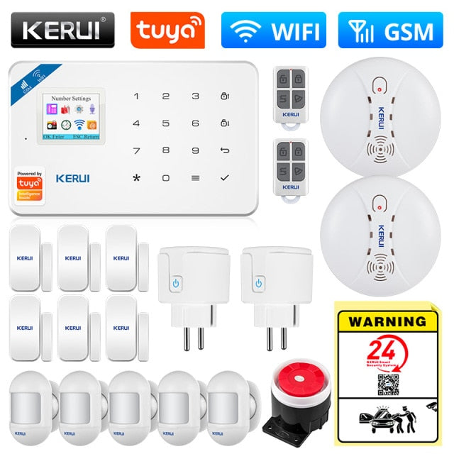 KERUI Tuya Smart WIFI GSM Security Alarm System Works With Alexa Home Burglar Motion Detector Smoke Door Window Sensor IP Camera