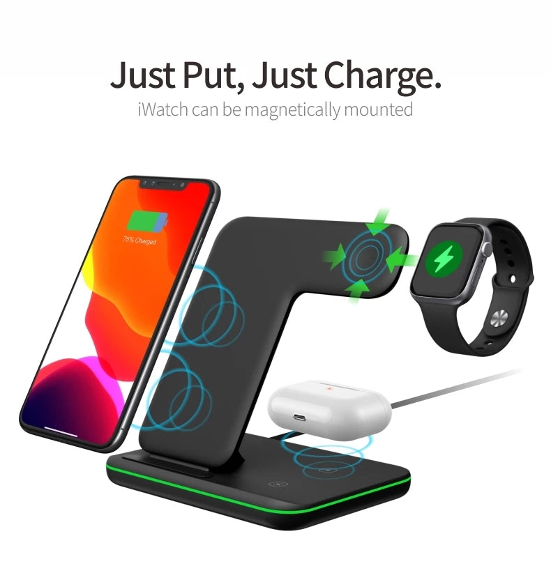 Wireless Charger Stand 15W Qi Fast Charging Dock Station for Apple Watch iWatch 7 AirPods Pro For iPhone 13 12 11 XS XR X 8