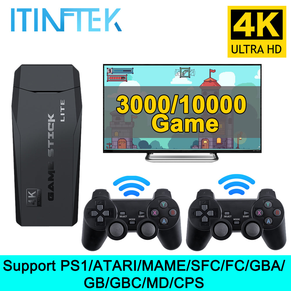 ITINFTEK Wireless Video Game Console 4K HD Display on TV Projector Monitor Classic Retro 64GB 10000 Games Double Controller