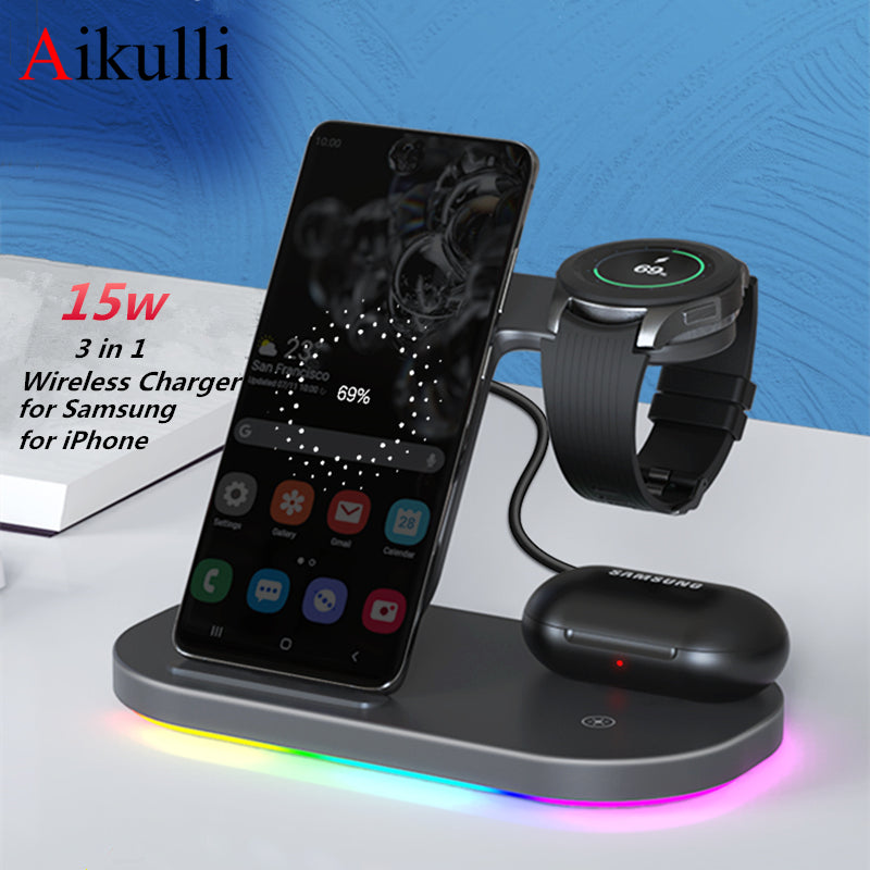 3 in 1 Wireless Charger Stand 15W Fast Charging for Samsung Galaxy S21/S20/S10/S9 Watch 3 4 Classic Active 1 2 LTE Buds Pro Live