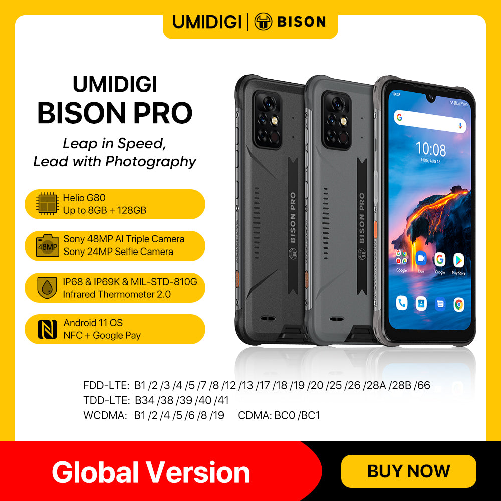 In Stock UMIDIGI BISON Pro Global Version Smartphone NFC 128GB IP68/IP69K Helio G80 48MP Camera 6.3&quot;FHD Screen 5000mAh Cellphone