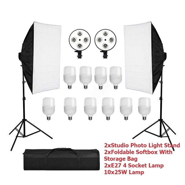 Photo Studio Softbox 50*70cm Diffuser 4 in 1 Socket E27 Lamp Holder 2M Light Stand Tripod Photo Studio Kit for Photography Video