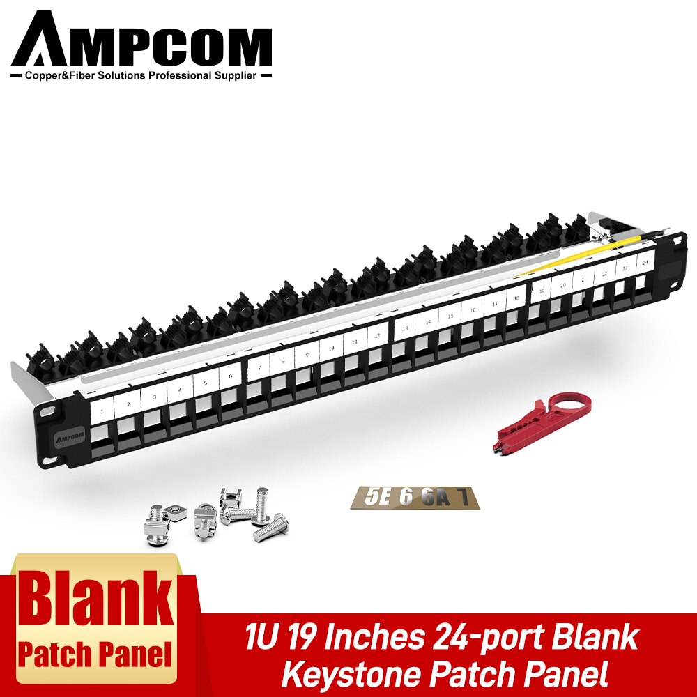 AMPCOM 24 Ports 1U Blank Keystone Patch Panel, 19 inch Rack or Wall Mount with Rear Cable Management Panel for Ethernet Cable