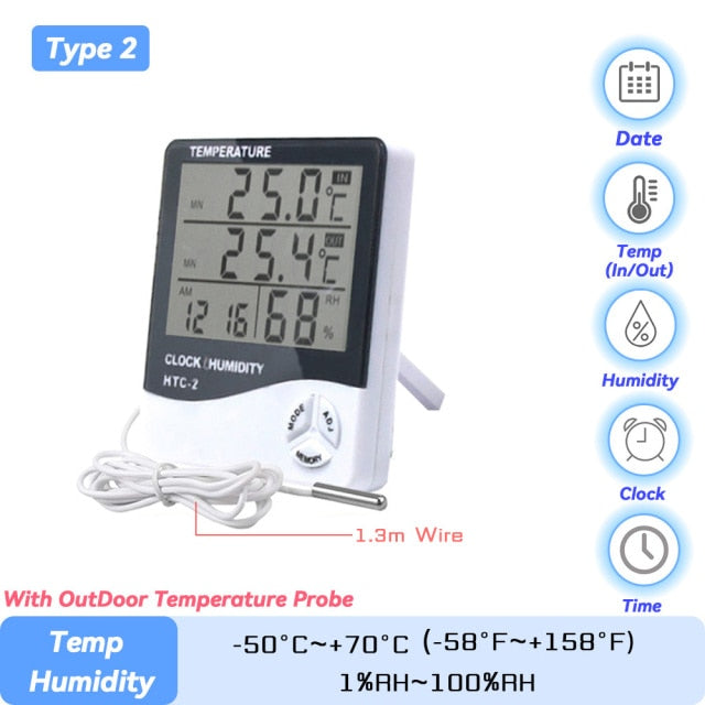 LCD Electronic Temperature Humidity Meter Indoor Outdoor Thermometer Hygrometer with Alarm Clock Home Weather Humidity Monitor