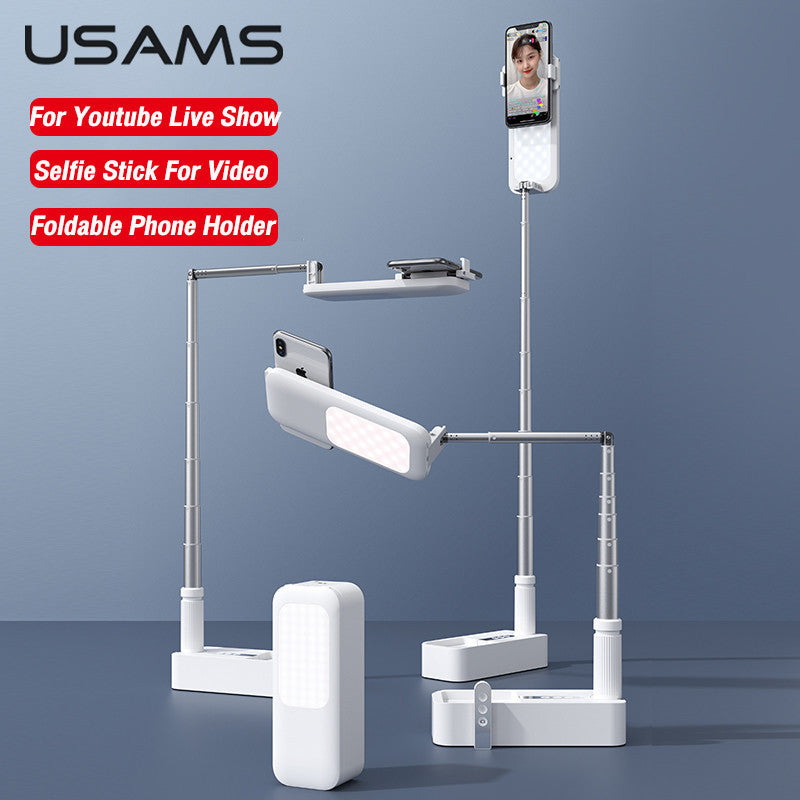 USAMS Portable Phone Holder For Smartphone Retractable Wireless Live Broadcast Stand Dimmable Selfie LED Fill Light For Video