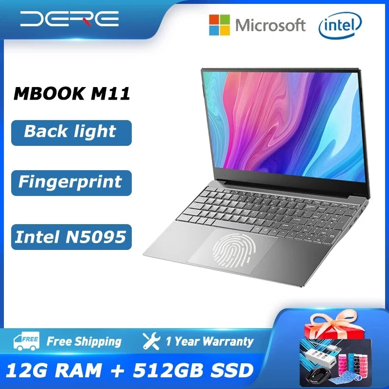 Dere Laptop MBook M11 15.6 Inch Intel Celeron N5095 12GB RAM 512GB SSD 1920*1080 Dual band WiFi Gaming Laptop Window 10 Notebook