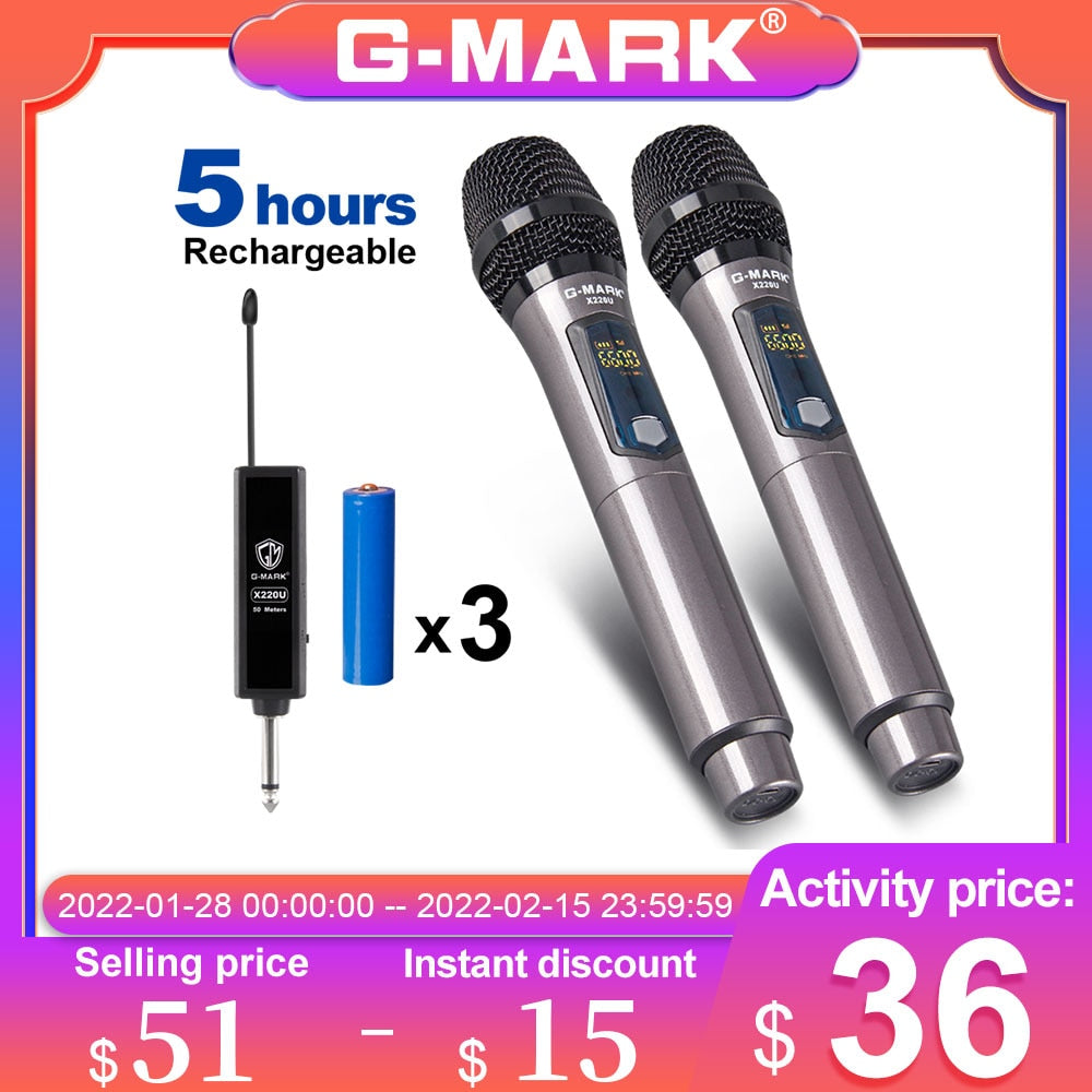 Wireless Microphone G-MARK X220U UHF Recording Karaoke Handheld 2 Channel Lithium Battery 50m For Stage Church Party School