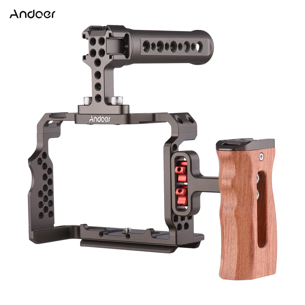 Andoer Camera Cage Kit Sony A7iii Cage Accessories Aluminum Alloy  with Video Rig Top Handle Wooden Grip for Sony A7 III/ A7 II