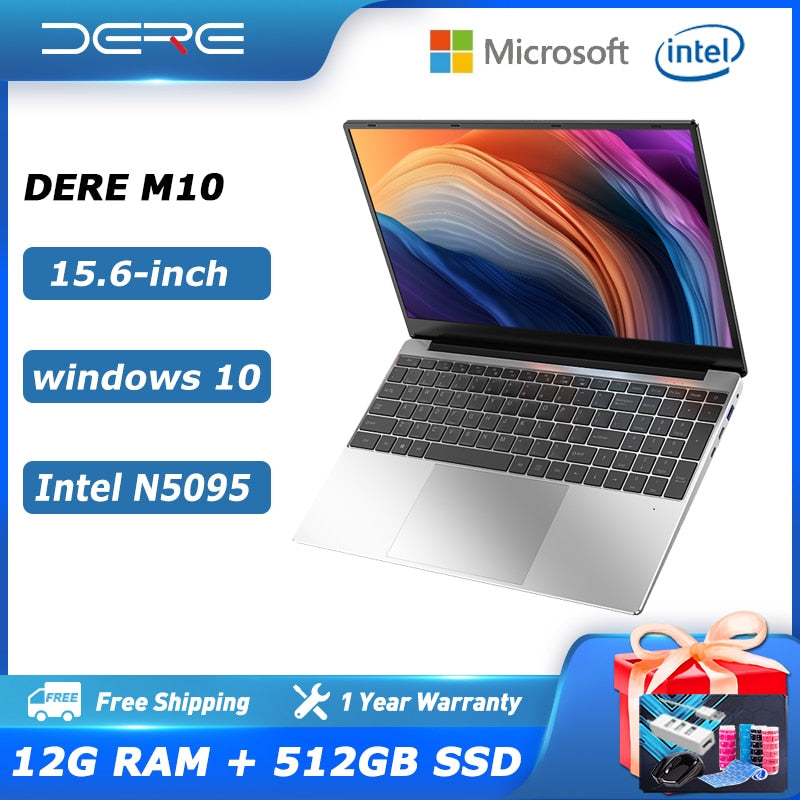 Dere Laptop MBook M10 15.6-inch Intel Celeron N5095 12G RAM 512GB SSD Dual band WiFi Gaming Laptop Portable Windows 10 Notebook