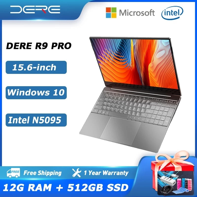 Dere Laptop R9 Pro 15.6 Inch Intel Celeron N5095 12GB RAM 512GB SSD Dual Band WiFi Pc Portable Gaming Laptop Windows 10 Notebook