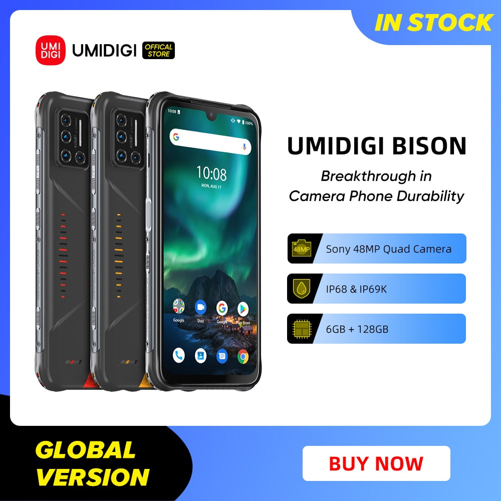 UMIDIGI BISON IP68/IP69K Waterproof Rugged Mobile Phone 48MP Matrix Quad Camera 6.3&quot; FHD+ Display 6GB+128GB NFC Smartphone