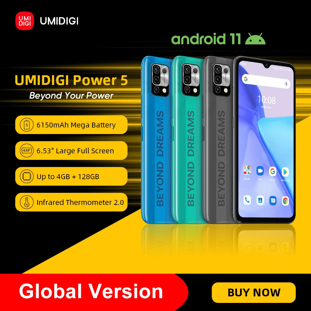 UMIDIGI Power 5 Global Version 128GB Smartphone Android 11 Helio G25 16MP AI Triple Camera 6150mAh 6.53&#39;&#39; Full Screen