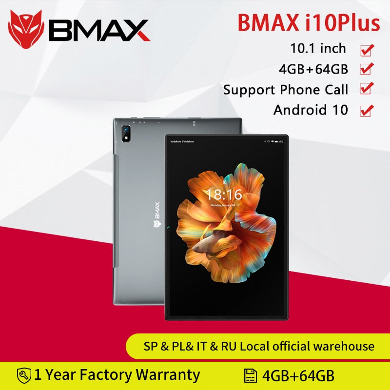 BMAX i10 plus 10.1Android 10 phone call Tablet 1920*1080 T618 Octa Core 4GB RAM 64GB ROM 4G Network Type-c port  Dual Wifi