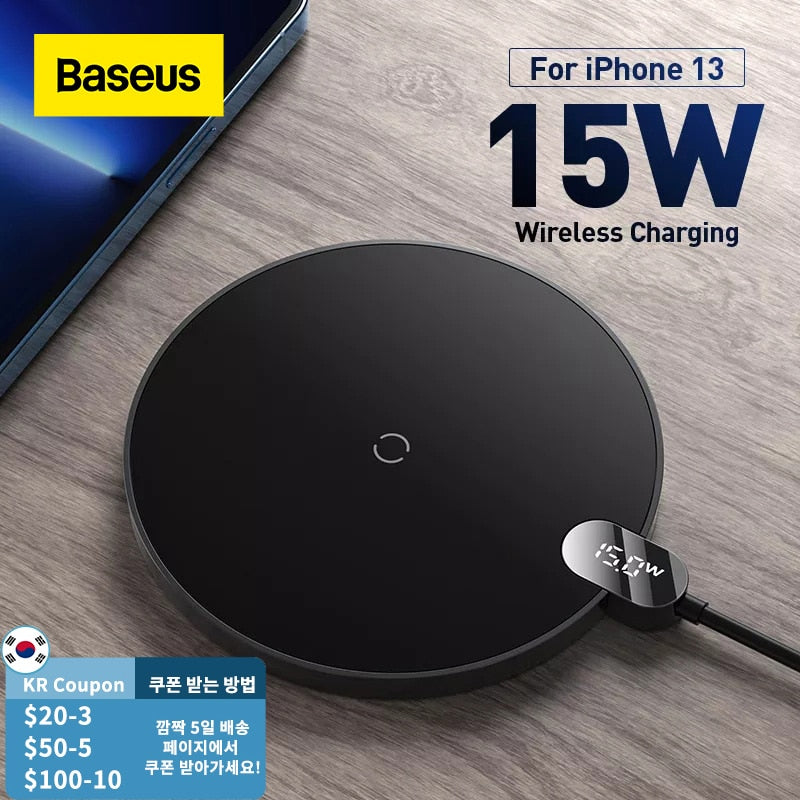 Baseus 15W Qi Wireless Charger For iPhone 13 12 Pro Max Digital Display Fast Wireless Charging  For Samsung Xiaomi pad 5 HuaWei