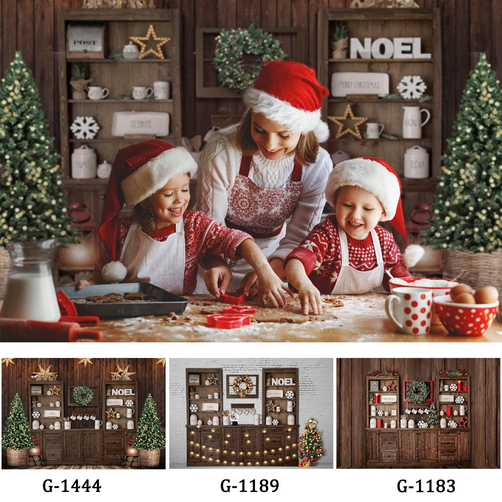 Christmas Kitchen Backdrops for Photography Brown Wood Cupboard Backgrounds for Photo Studio Christmas Tree Decorations Supplies