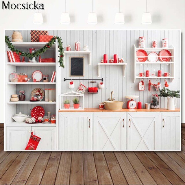 Christmas Kitchen Backdrops for Photography Brown Wood Cupboard Backgrounds for Photo Studio Christmas Tree Decorations Supplies