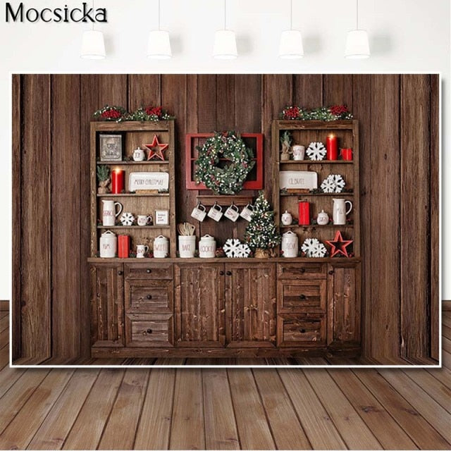 Christmas Kitchen Backdrops for Photography Brown Wood Cupboard Backgrounds for Photo Studio Christmas Tree Decorations Supplies