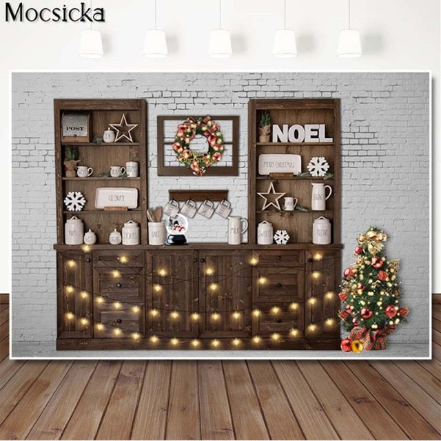 Christmas Kitchen Backdrops for Photography Brown Wood Cupboard Backgrounds for Photo Studio Christmas Tree Decorations Supplies