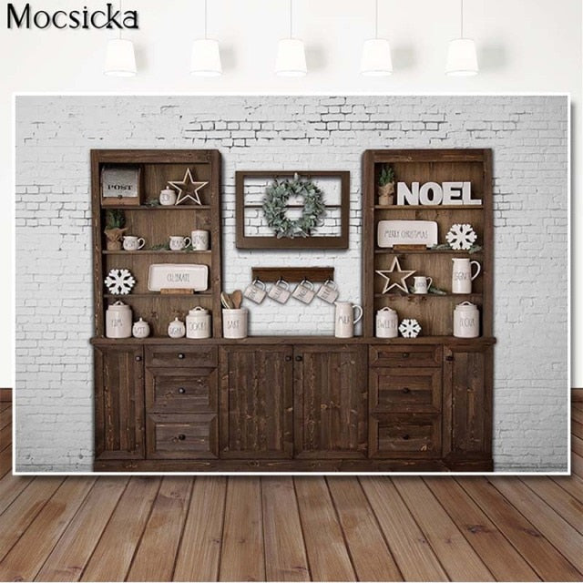 Christmas Kitchen Backdrops for Photography Brown Wood Cupboard Backgrounds for Photo Studio Christmas Tree Decorations Supplies