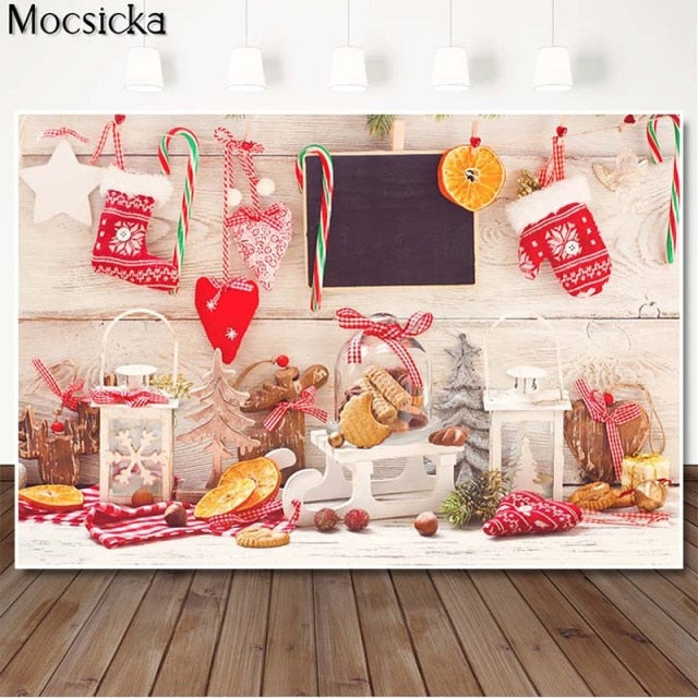 Christmas Kitchen Backdrops for Photography Brown Wood Cupboard Backgrounds for Photo Studio Christmas Tree Decorations Supplies