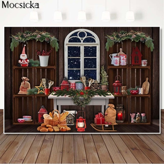 Christmas Kitchen Backdrops for Photography Brown Wood Cupboard Backgrounds for Photo Studio Christmas Tree Decorations Supplies