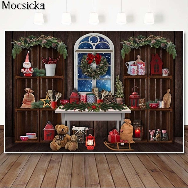 Christmas Kitchen Backdrops for Photography Brown Wood Cupboard Backgrounds for Photo Studio Christmas Tree Decorations Supplies