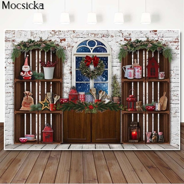 Christmas Kitchen Backdrops for Photography Brown Wood Cupboard Backgrounds for Photo Studio Christmas Tree Decorations Supplies