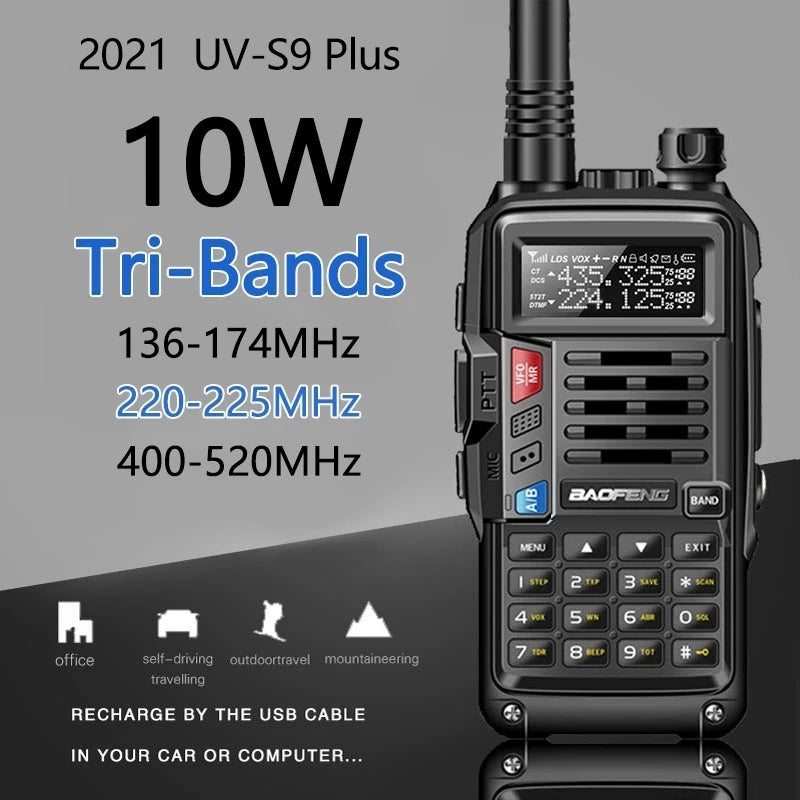 Walkie Talkie Tri-Band 10W Powerful CB Radio Transceiver VHF UHF 136-174Mhz/220-260Mhz/400-520Mh 10km Long Range Up of uv-5r