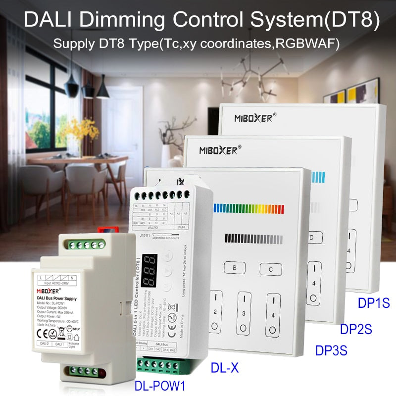 Miboxer DALI Dimming Control System (DT8) 86 DALI 5 in 1 Touch Panel LED Controller DALI Bus Power Supply DIN Rail for LED Lamps