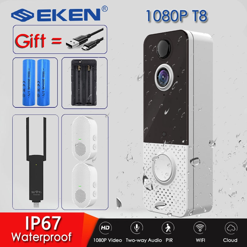 EKEN T8 IP67 WIFI Weatherproof Smart Video Doorbell Camera 1080P Visual Intercom Night Vision IP Door Bell PIR Wireless Cameras