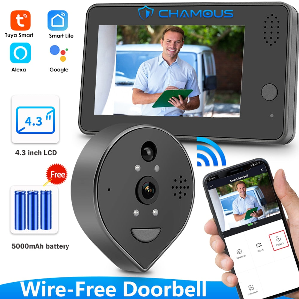 Tuya Wireless Doorbell 1080P Video Peephole Intercoms For Smart Home Apartment Alexa WiFi Door Bell 4.3inch LCD Cat Eye Monitor