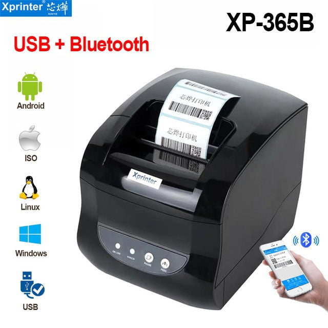 Xprinter 365B Thermal Label Printer 20mm-80mm Barcode Pos Printer Receipt Sticker Printing Machine USB Bluetooth Port